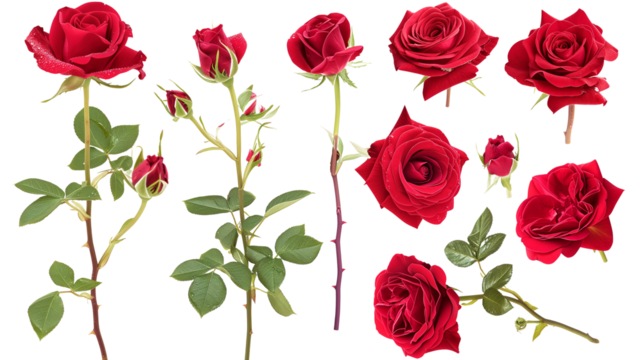 set of red roses isolated on transparent background
