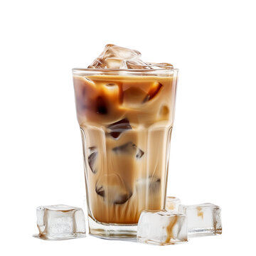 Iced coffee with cold foam isolated on transparent background, delicious iced latte coffee drink in glass cup with ice cubes and cream topping
