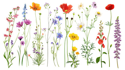 Wild flowers set isolated on a transparent background - Powered by Adobe