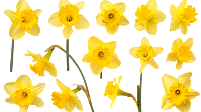 set of beautiful yellow daffodil flowers, isolated over a transparent background