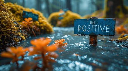 sign with the word be positive in a little river  - obrazy, fototapety, plakaty