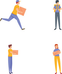 Courier delivery icons set cartoon vector. Male courier delivering parcel. Logistic concept