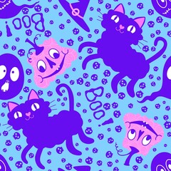 Halloween cartoon animals seamless cats and pumpkins and ghost pattern for wrapping paper and fabrics