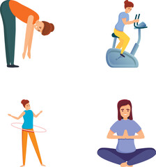 Gym exercise icons set cartoon vector. People doing sport exercise. Different physical activity