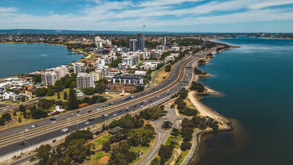 South side of Perth city and the freeway that connects the south suburbs to the city centre. Perth, Western Australia