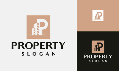Vector initial letter P with property apartment headquarter building with simple layer logo design	