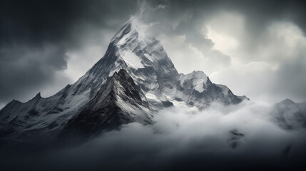 A high-quality photo captures a dramatic mountain summit amidst swirling clouds, emphasizing the grandeur and untamed beauty of nature in a visually arresting image.