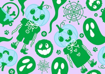 Cartoon Halloween seamless pumpkins and monsters and ghost pattern for wrapping paper and fabrics and linens