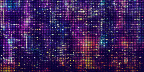 Abstract halftone dotted digital technology background with futuristic night city and neon light effect. Cyberpunk and retrowave design for technology, hi-tech and science concept. Vector illustration - obrazy, fototapety, plakaty