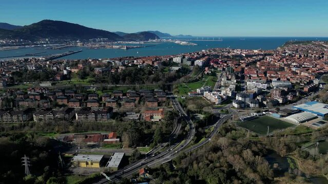 Getxo lateral aerial video city near coast