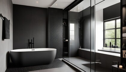 Bathroom interior design with matte black bath and modern shower - obrazy, fototapety, plakaty