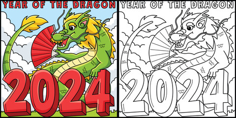 Year of the Dragon 2024 Coloring Page Illustration