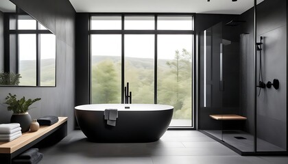 Bathroom interior design with matte black bath and modern shower - obrazy, fototapety, plakaty