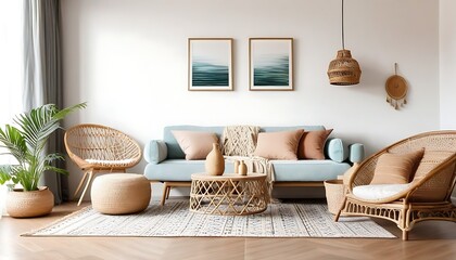 Boho interior design of living room with sofa and rattan armchair