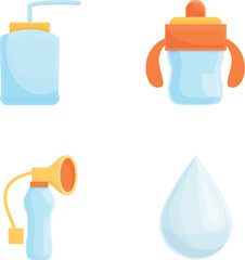 Breastfeeding device icons set cartoon vector. Manual breast pump. Breast pumping, motherhood