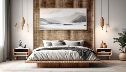 Modern bedroom interior mock up, wooden rattan bed on empty marble wall background, Scandinavian style, 3d render
