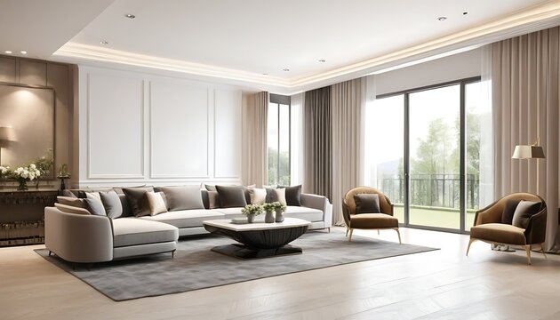 Panorama of luxury living room and dining area with sofa,armchair. 3d rendering