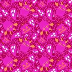 Cartoon Halloween monsters seamless bats and pumpkins and ghost and bones pattern for wrapping paper