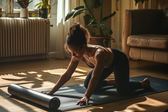 Woman practicing yoga at home.