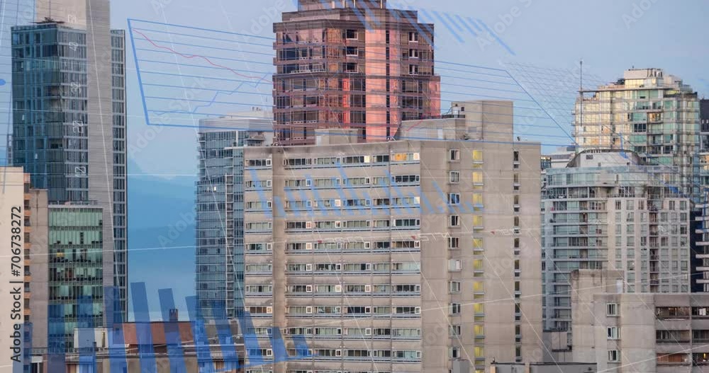 Poster animation of statistics and financial data processing over cityscape