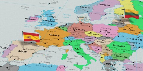 Spain and Lithuania - pin flags on political map - 3D illustration