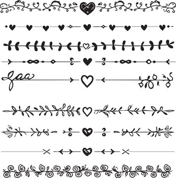 Hearts doodle set. Divider ornament, borders, lines. Hand drawn vector illustration