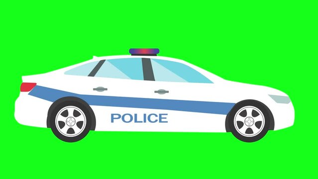 Cartoon flat design Police car running on green screen background, graphic source