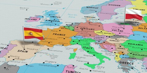 Fototapeta na wymiar Spain and Poland - pin flags on political map - 3D illustration