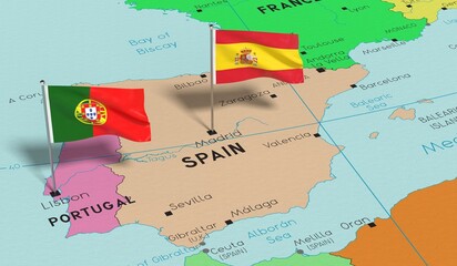 Spain and Portugal - pin flags on political map - 3D illustration
