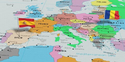 Fototapeta na wymiar Spain and Romania - pin flags on political map - 3D illustration