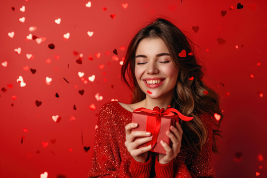 Young woman having fun with gift box on Valentine`s Day, happy adult girl on red heart shapes background, studio romantic design. Concept of love, party, smiling people