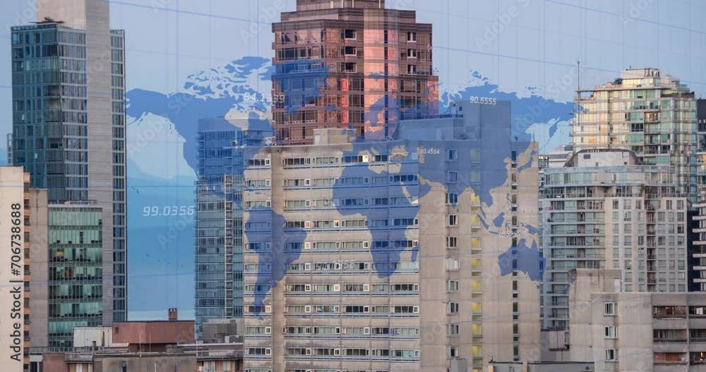 Aufkleber animation of world map and financial data processing over cityscape