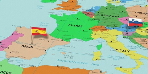 Spain and Slovenia - pin flags on political map - 3D illustration