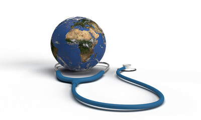 world planet global map earth circle round stethoscope blue colour white isolated background dicut object world health day protection medical hospital illness clinic science awareness virus heartbeat 