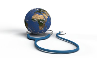 world planet global map earth circle round stethoscope blue colour white isolated background dicut object world health day protection medical hospital illness clinic science awareness virus heartbeat 