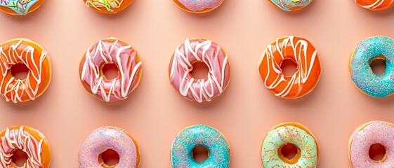 A pattern of colorful Marbled Donuts laid out in an orderly grid on a peach background. a top-down view of Marbled Donuts in symmetrical pattern. 