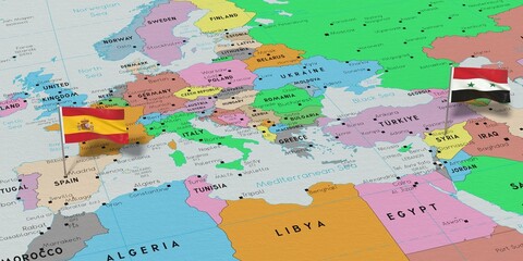 Spain and Syria - pin flags on political map - 3D illustration