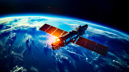 Artist's rendering of satellite satellite above the earth's horizon.