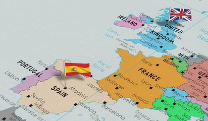 Spain and United Kingdom - pin flags on political map - 3D illustration