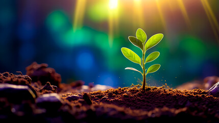 Small green plant sprouts from the ground in front of the sun. - obrazy, fototapety, plakaty