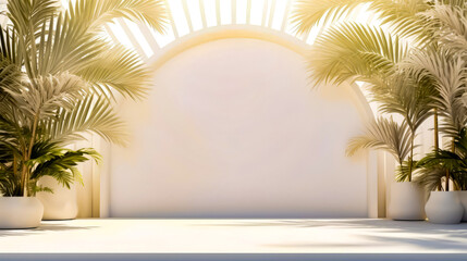White room with palm tree and white wall in the background.