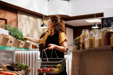 Woman in low carbon footprint zero waste store interested in purchasing food with high nutritional...