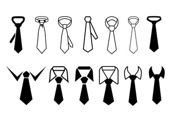 tie for men, symbols black and white. tie knot glyph and icons. illustration isolated on white background