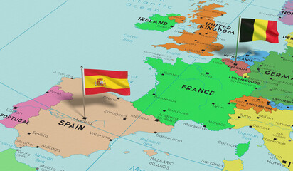 Spain and Belgium - pin flags on political map - 3D illustration