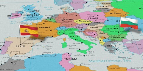 Spain and Bulgaria - pin flags on political map - 3D illustration