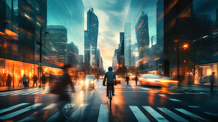 Urban Cyclists motion blur, embracing eco-friendly transport. Beautiful city street with skyscrapers and traffic lights at background