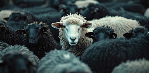 a young sheep surrounded by some black sheeps, generated with AI
