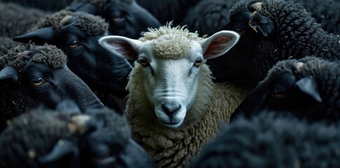 a young sheep surrounded by some black sheeps, generated with AI