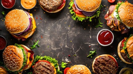 Background banner of variety of burgers on ardoise, generated with AI
