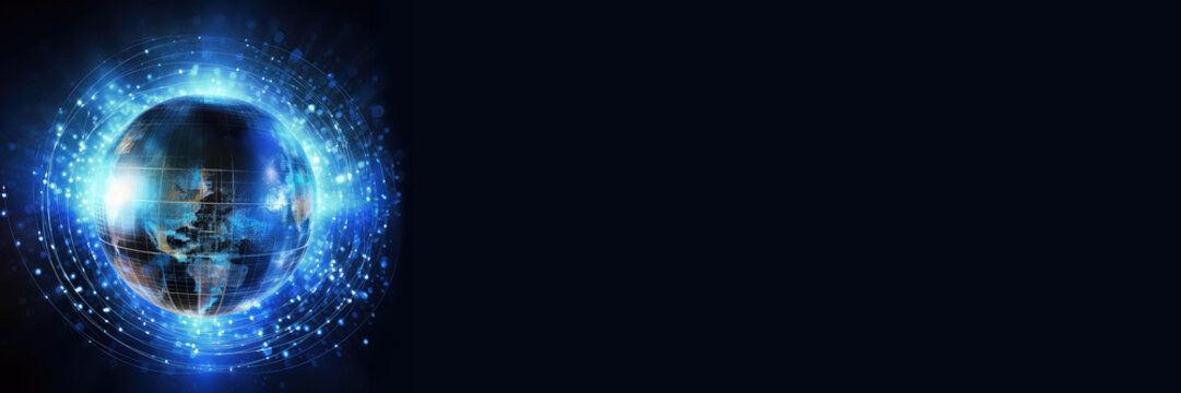 Digital future of the Earth, futuristic technology concet banner. Web connection of comunitity technology, high growth of tech around world. Copy space for text